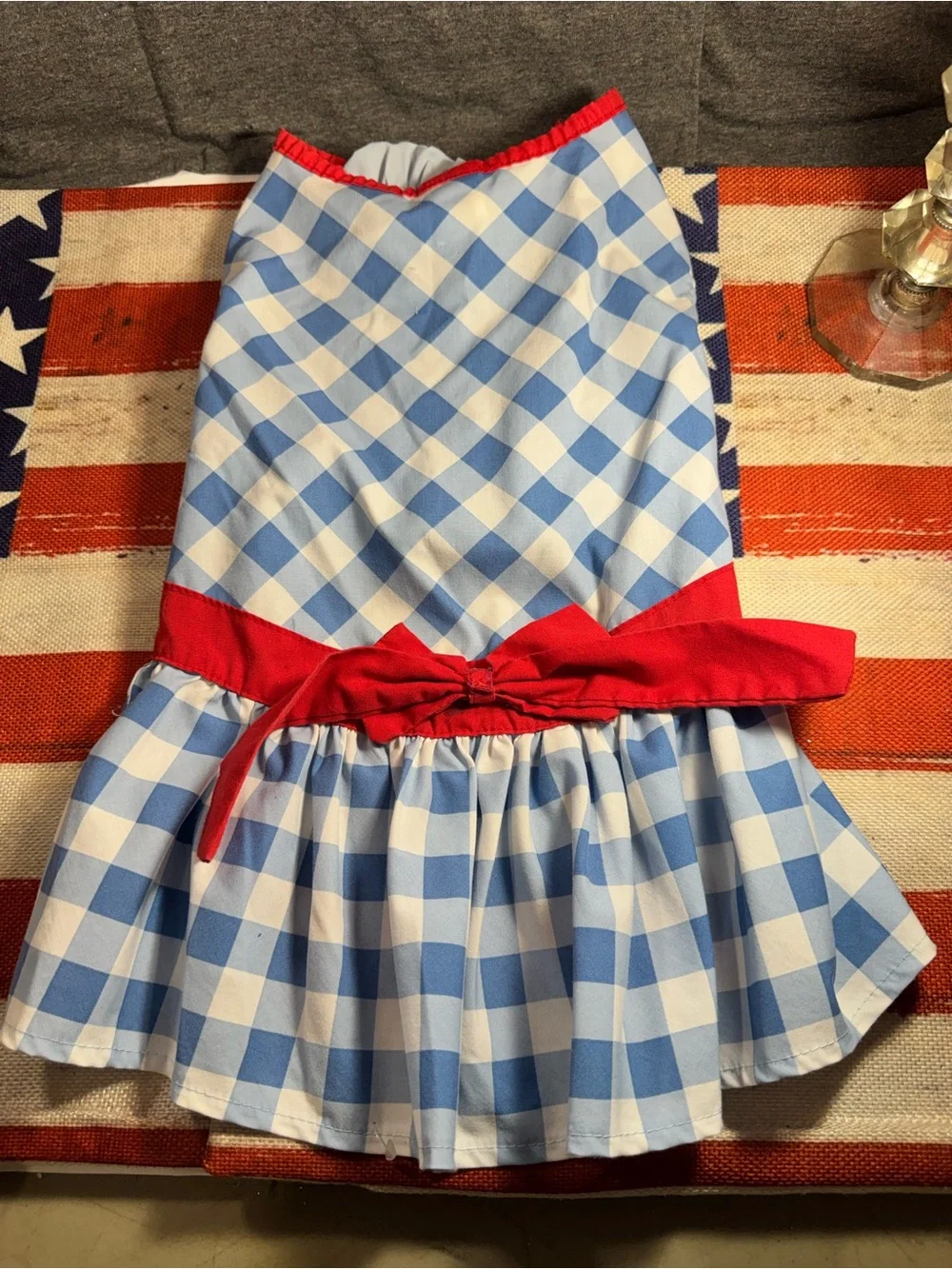 Blue Gingham Dog Dress with Red Sash